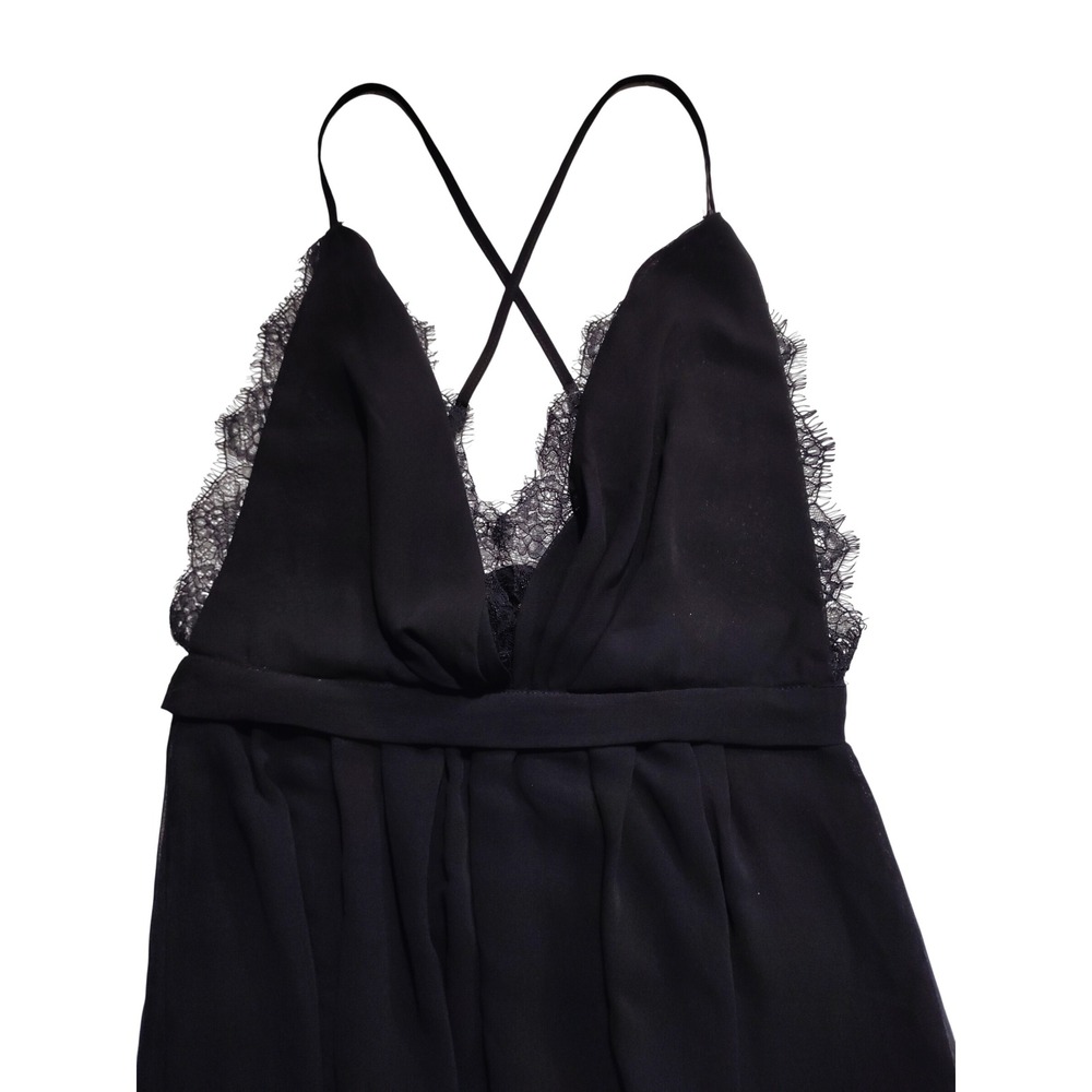 Luxxel‎ Black Lace Trim Deep V-Neck Maxi Dress Cross Back Straps Small LD4733